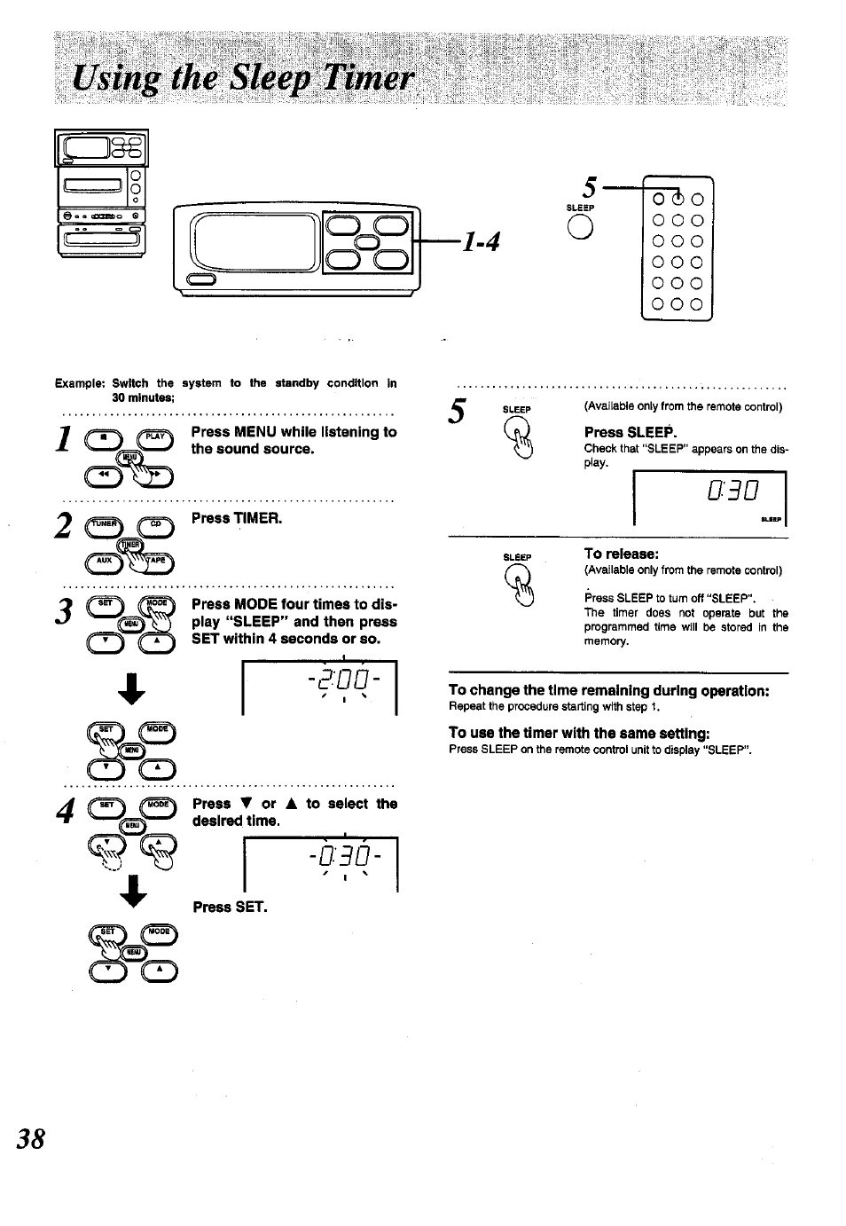 Press timer, Press t or a to select the desired time, Press set | Press sleep, To change the time remaining during operation, To use the timer with the same setting, Oo o, E-oo, O o o | Panasonic SC-CH150 User Manual | Page 38 / 48