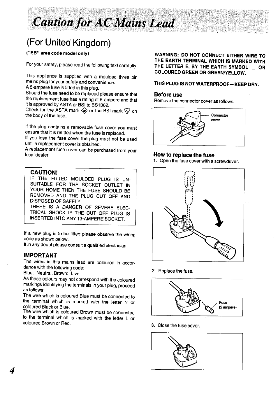 Eb” area code model only), Caution, Important | This plug is not waterproof—keep dry, Before use, How to replace the fuse, For united kingdom) | Panasonic SC-CH150 User Manual | Page 4 / 48