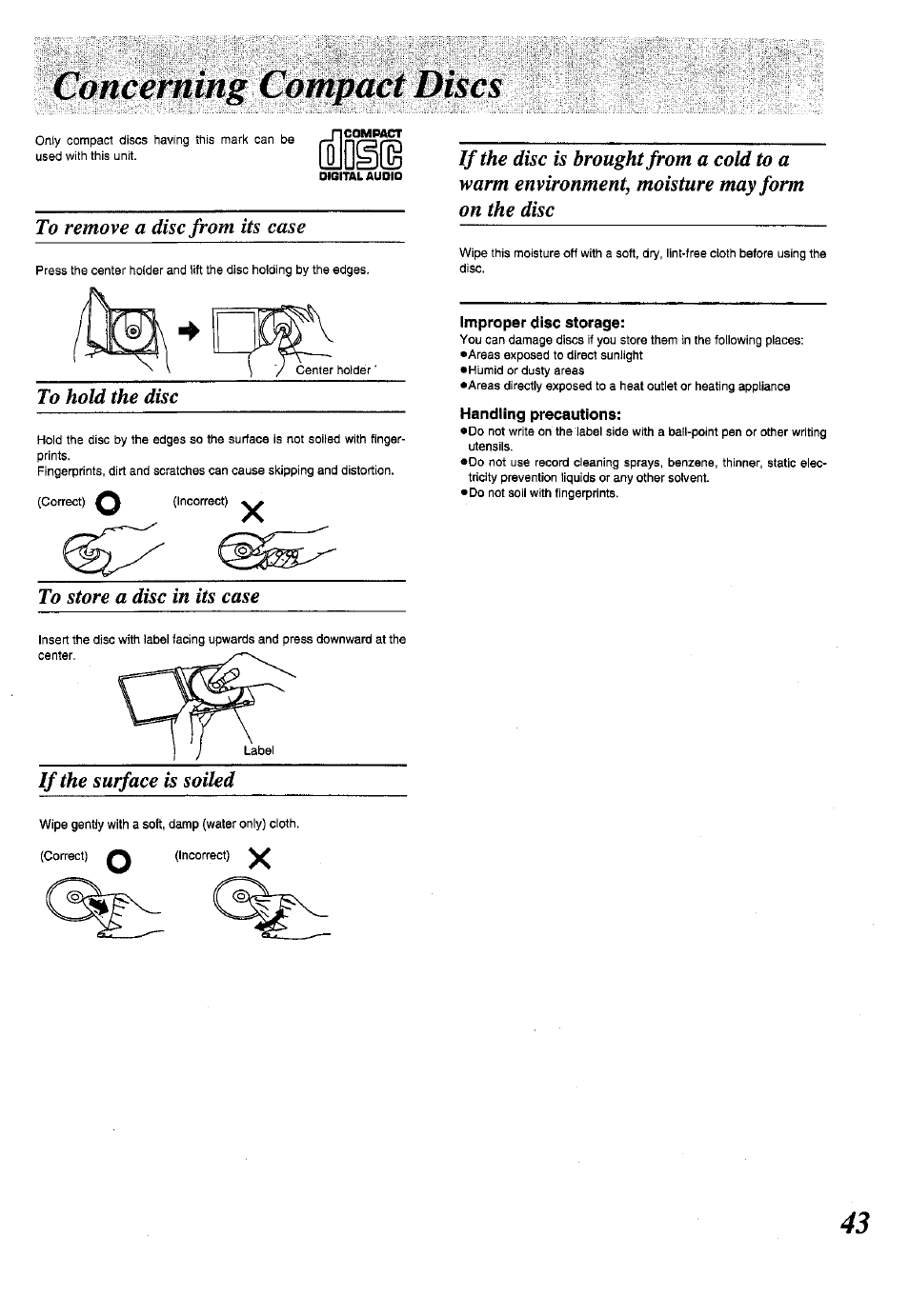 To store a disc in its case, If the surface is soiled, Improper disc storage | N^dg | Panasonic SC-CH150 User Manual | Page 43 / 48