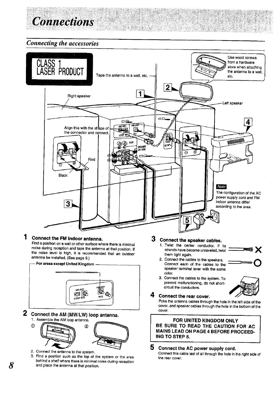 Connecting the accessories, 1 connect the fm indoor antenna, Connect the speaker cables | Connect the rear cover, 5 connect the ac power supply cord, Cùhnedtions | Panasonic SC-CH150 User Manual | Page 8 / 48