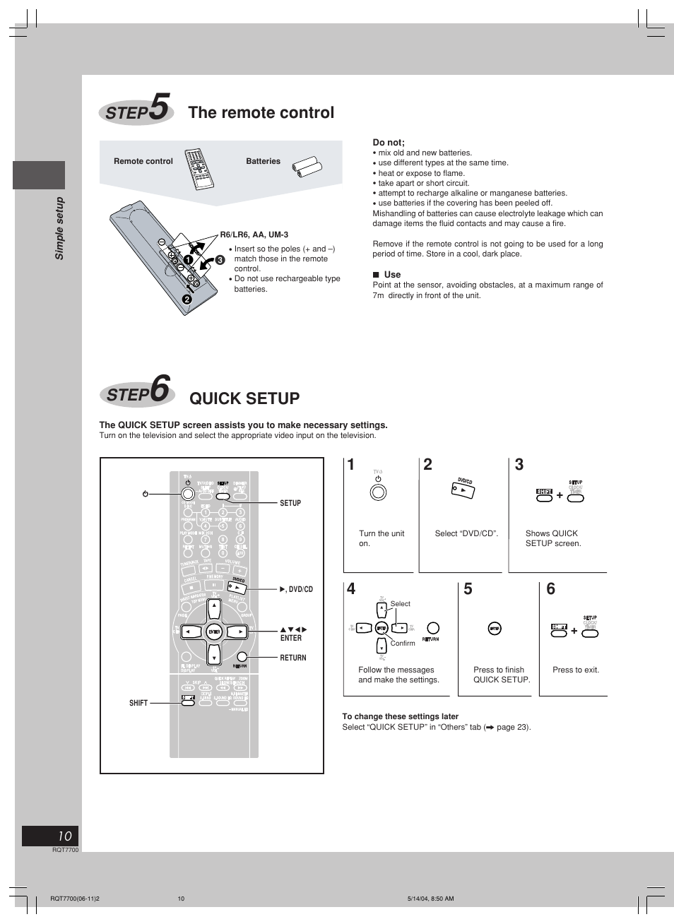 Step, The remote control, Quick setup | Panasonic SC-VK71D User Manual | Page 10 / 40