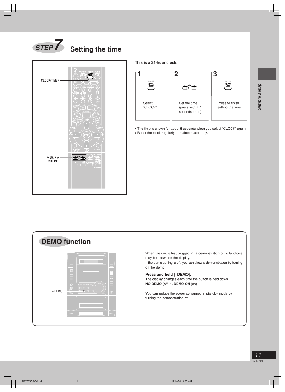 Step, Setting the time, Demo function | Panasonic SC-VK71D User Manual | Page 11 / 40