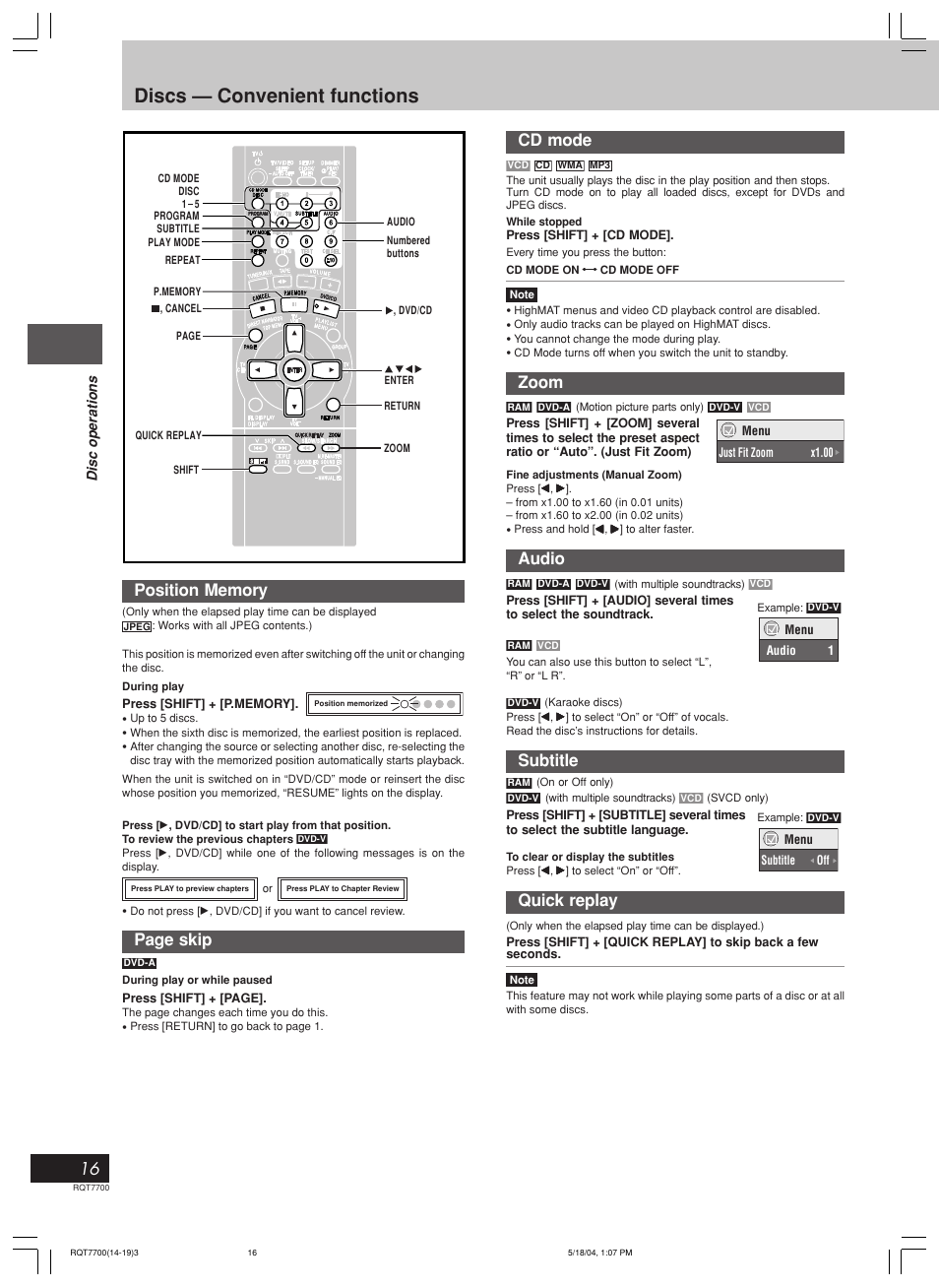 Discs — convenient functions, Cd mode, Zoom | Audio, Subtitle, Quick replay, Page skip | Panasonic SC-VK71D User Manual | Page 16 / 40