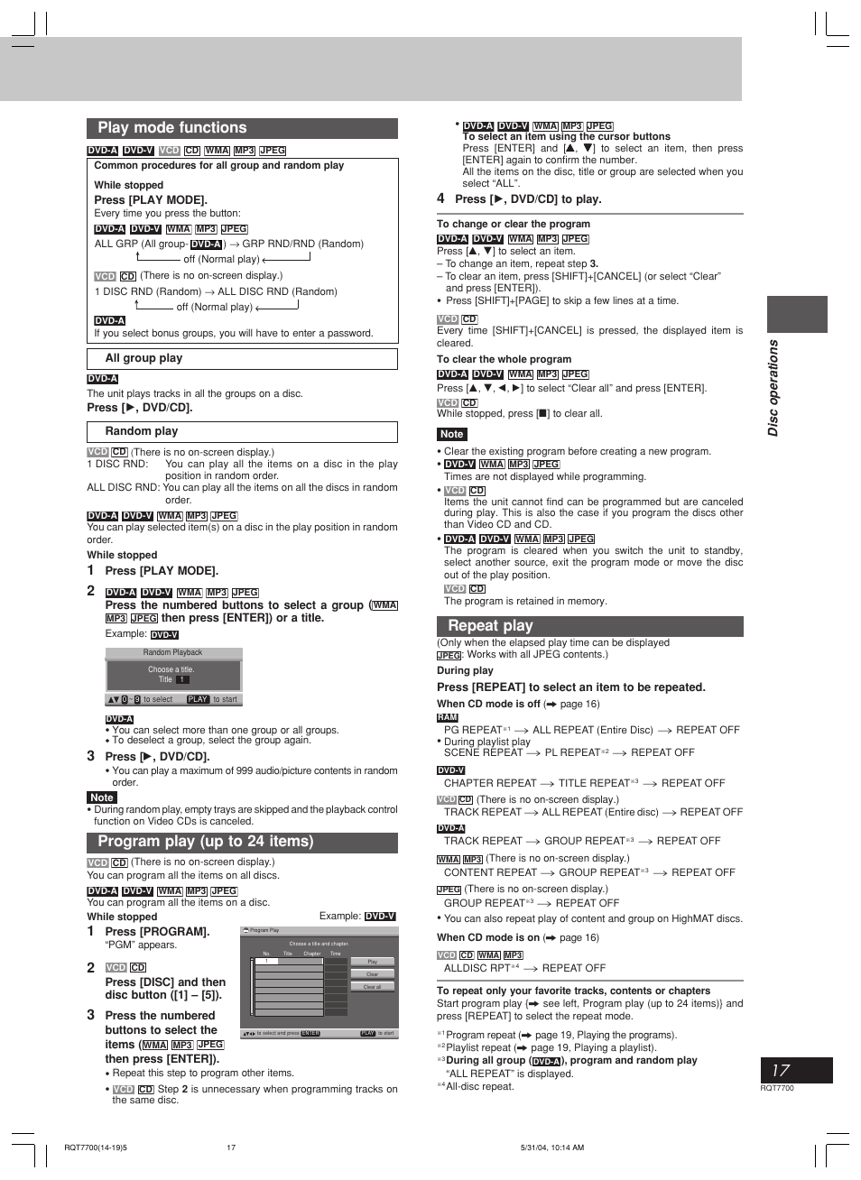 Play mode functions, Program play (up to 24 items), Repeat play | Disc operations | Panasonic SC-VK71D User Manual | Page 17 / 40