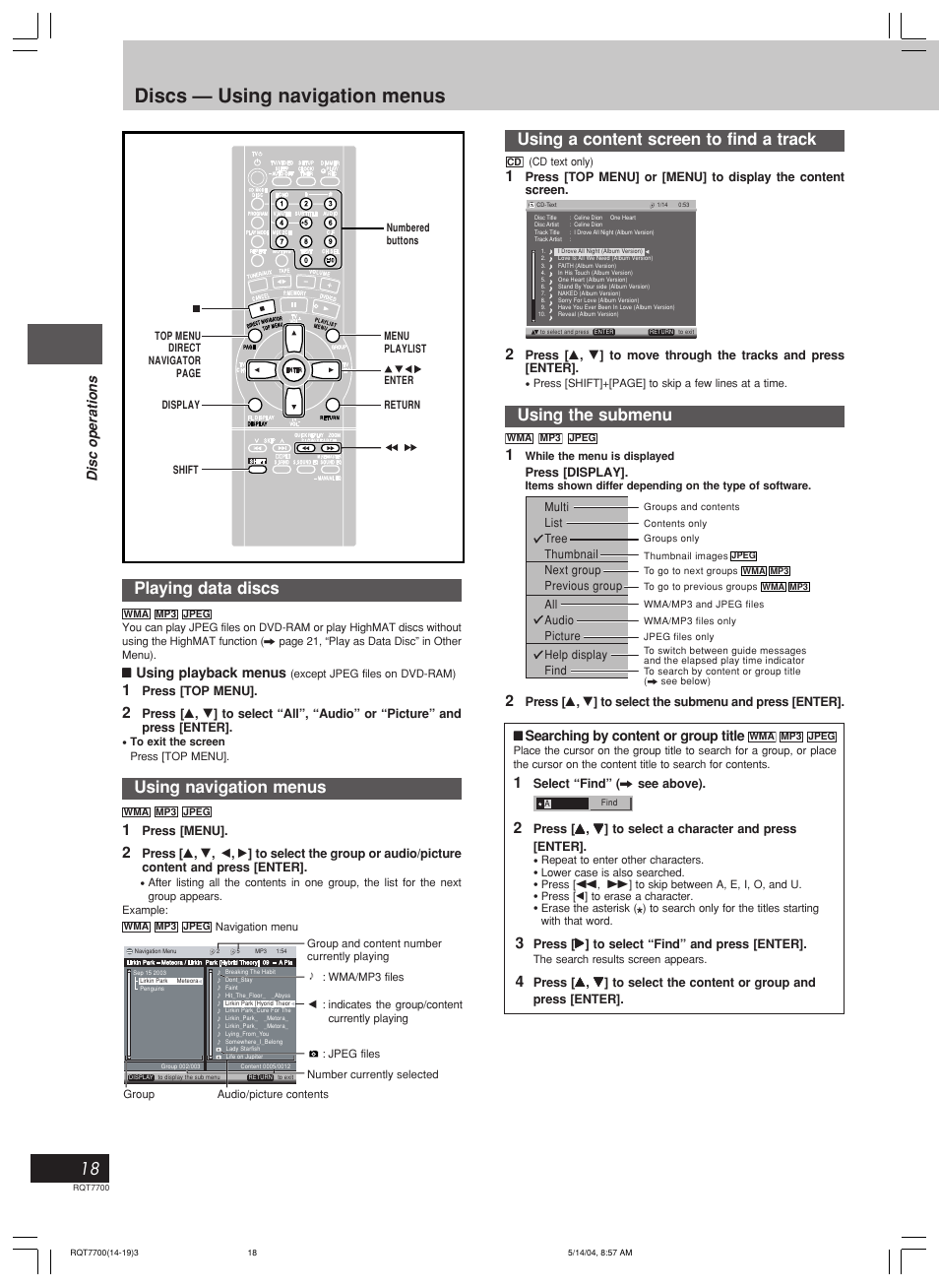 Discs — using navigation menus, Playing data discs, Using navigation menus | Using a content screen to find a track, Using the submenu | Panasonic SC-VK71D User Manual | Page 18 / 40