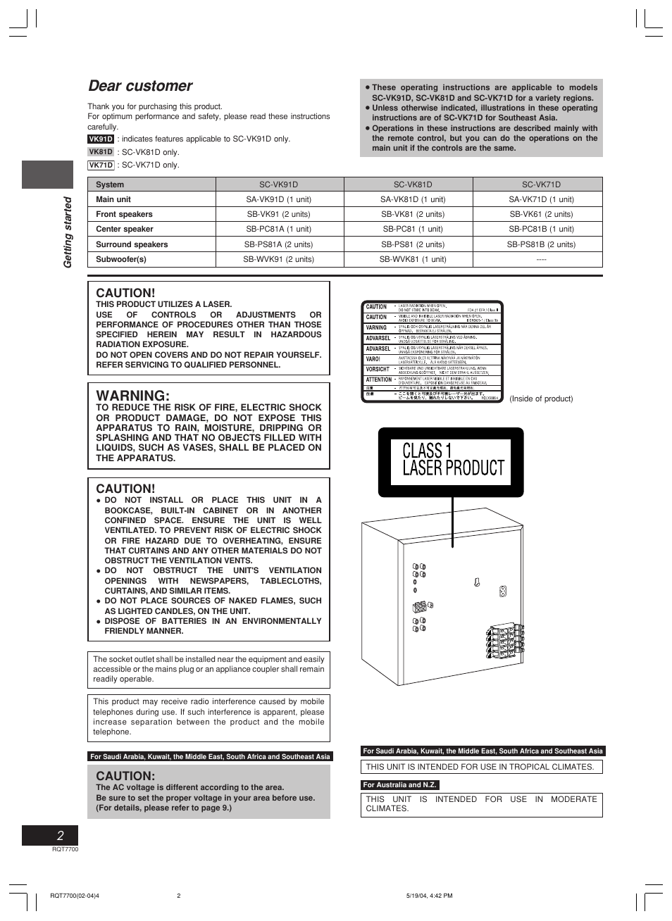 Dear customer, Warning, Caution | Panasonic SC-VK71D User Manual | Page 2 / 40