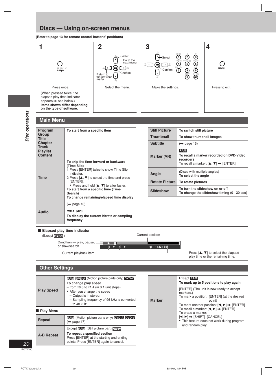 Discs — using on-screen menus, Main menu other settings | Panasonic SC-VK71D User Manual | Page 20 / 40