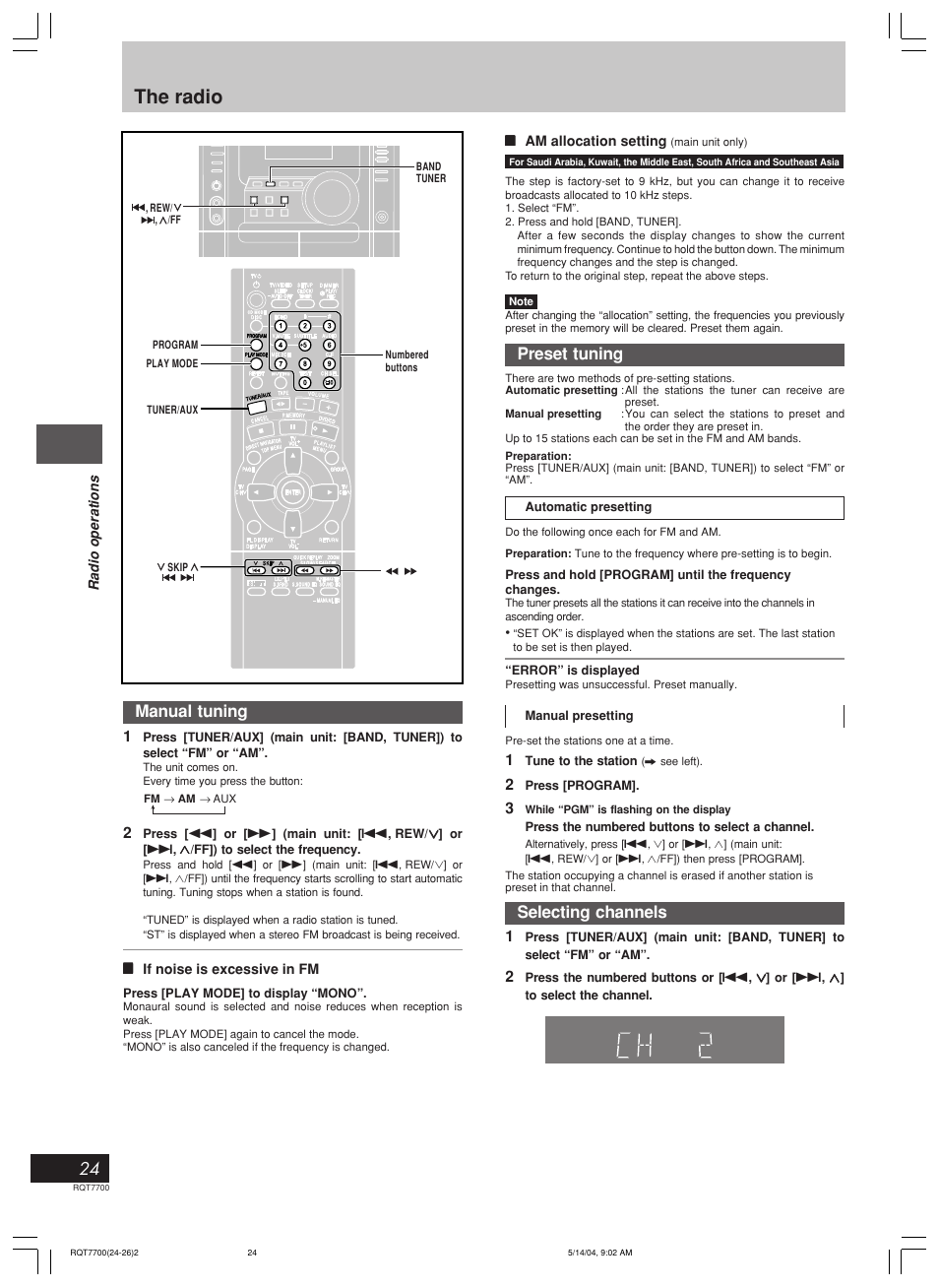 The radio, 24 manual tuning, Preset tuning | Selecting channels | Panasonic SC-VK71D User Manual | Page 24 / 40