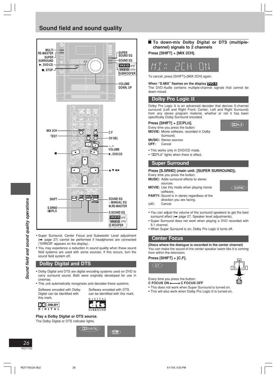 Sound field and sound quality, Dolby digital and dts, Dolby pro logic ii | Super surround, Center focus | Panasonic SC-VK71D User Manual | Page 26 / 40