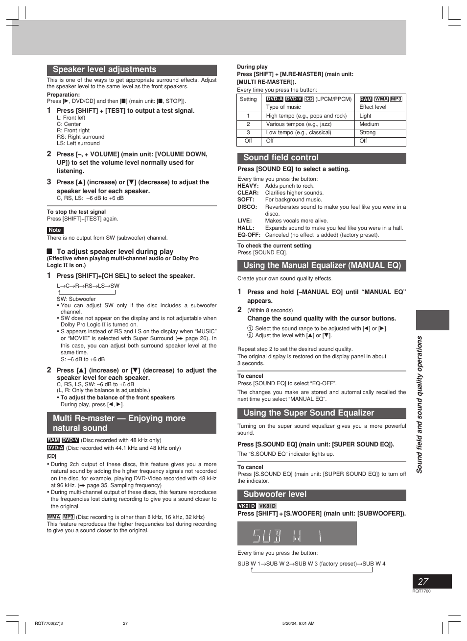 Sound field and sound quality, Speaker level adjustments, Multi re-master — enjoying more natural sound | Sound field control, Using the manual equalizer (manual eq), Using the super sound equalizer, Subwoofer level | Panasonic SC-VK71D User Manual | Page 27 / 40