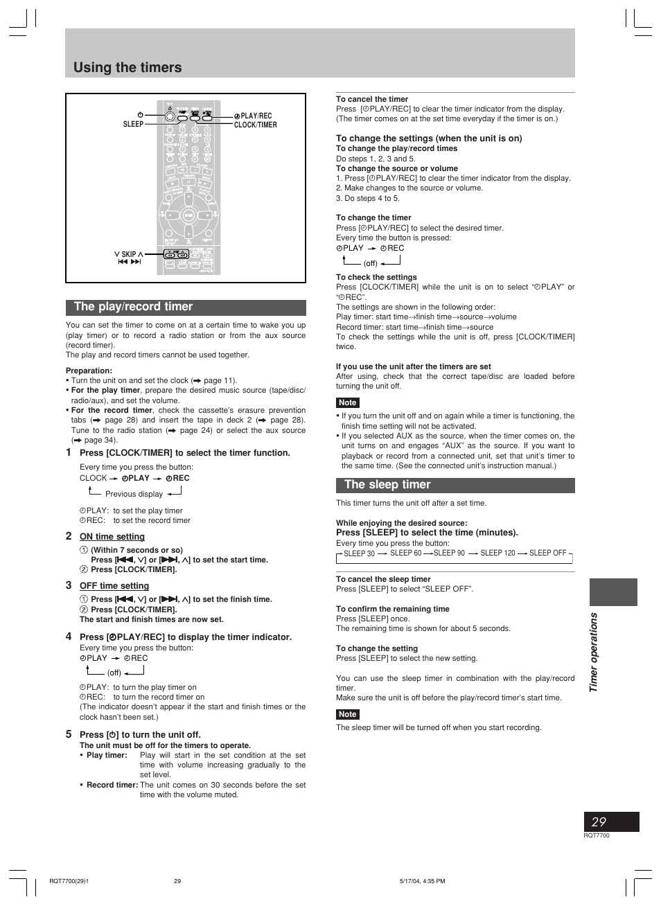 Using the timers, The sleep timer, The play/record timer | Panasonic SC-VK71D User Manual | Page 29 / 40