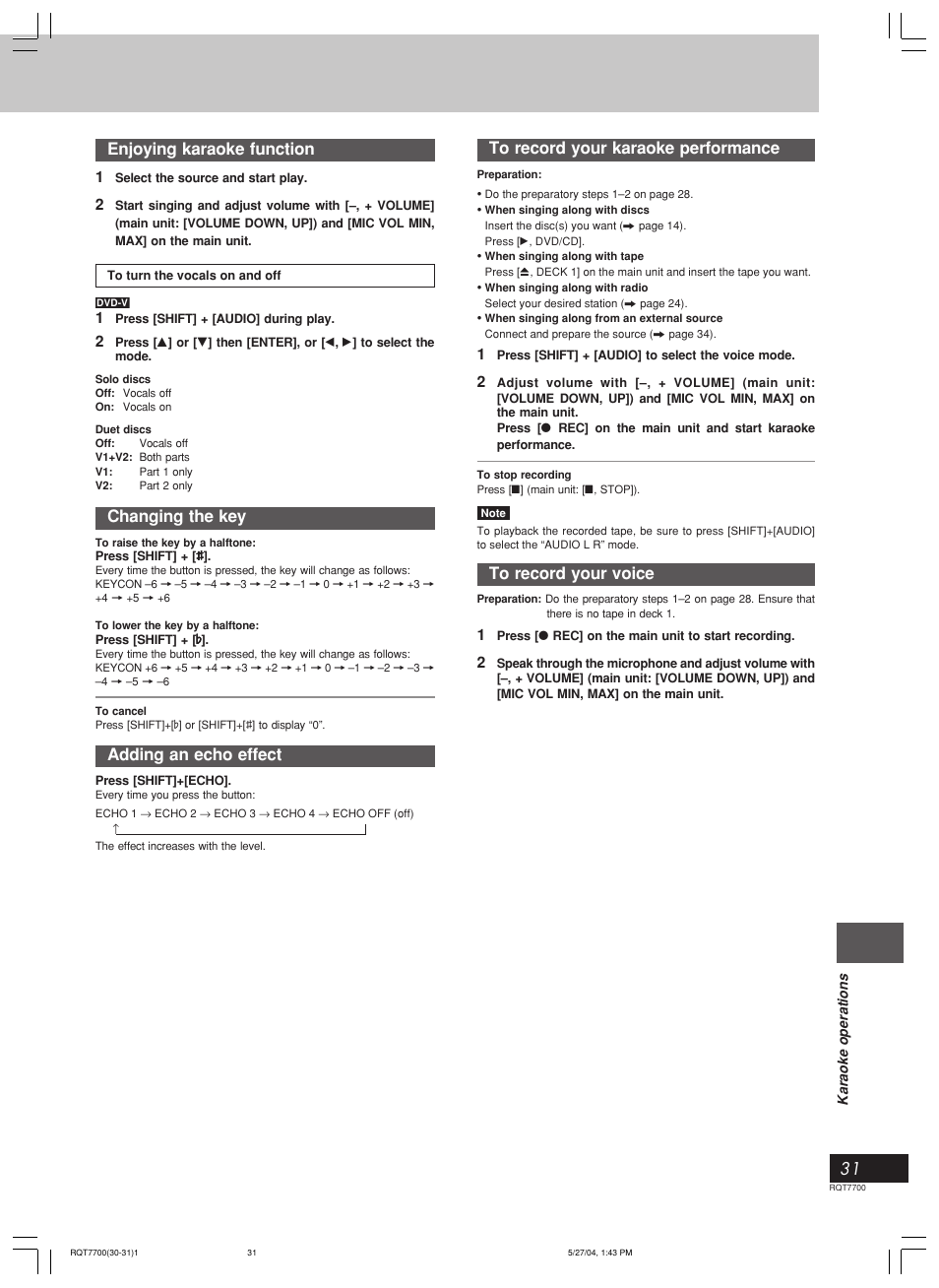 Enjoying karaoke function, Changing the key, Adding an echo effect | Panasonic SC-VK71D User Manual | Page 31 / 40