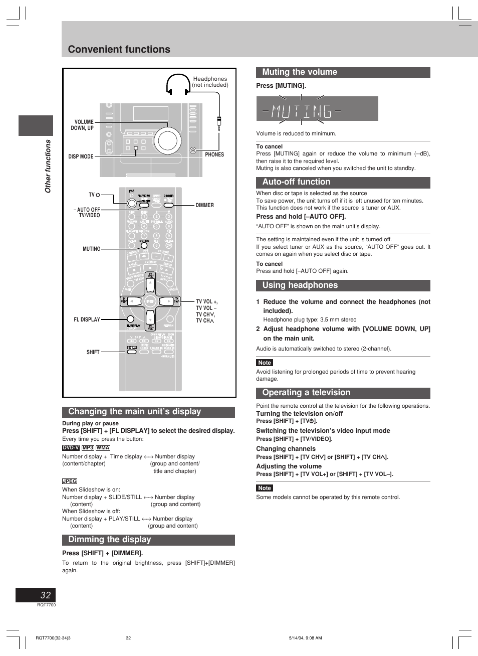 Convenient functions, Muting the volume, Auto-off function | Using headphones, Operating a television, Changing the main unit’s display, Dimming the display | Panasonic SC-VK71D User Manual | Page 32 / 40
