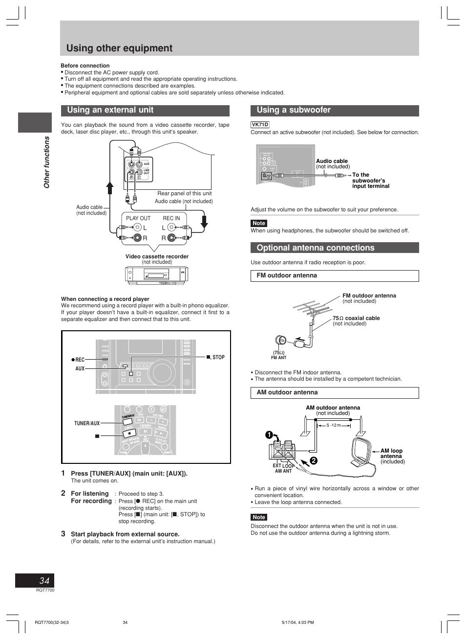 Using other equipment, Using an external unit, Using a subwoofer | Optional antenna connections, Other functions | Panasonic SC-VK71D User Manual | Page 34 / 40