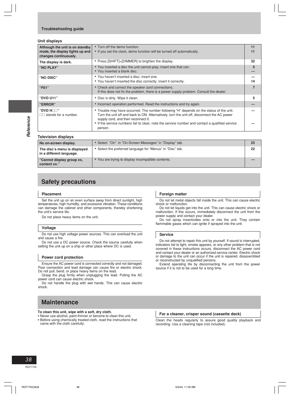 Safety precautions, Maintenance | Panasonic SC-VK71D User Manual | Page 38 / 40
