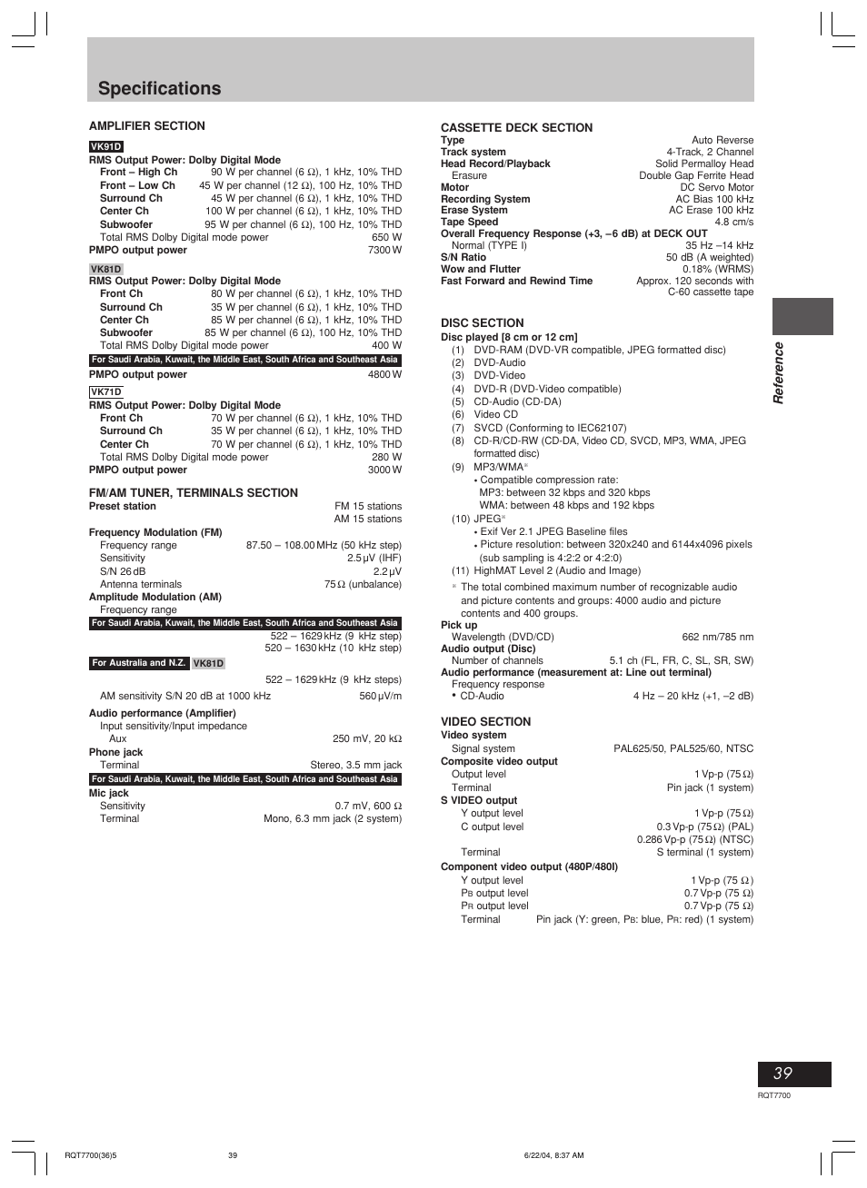 Specifications | Panasonic SC-VK71D User Manual | Page 39 / 40