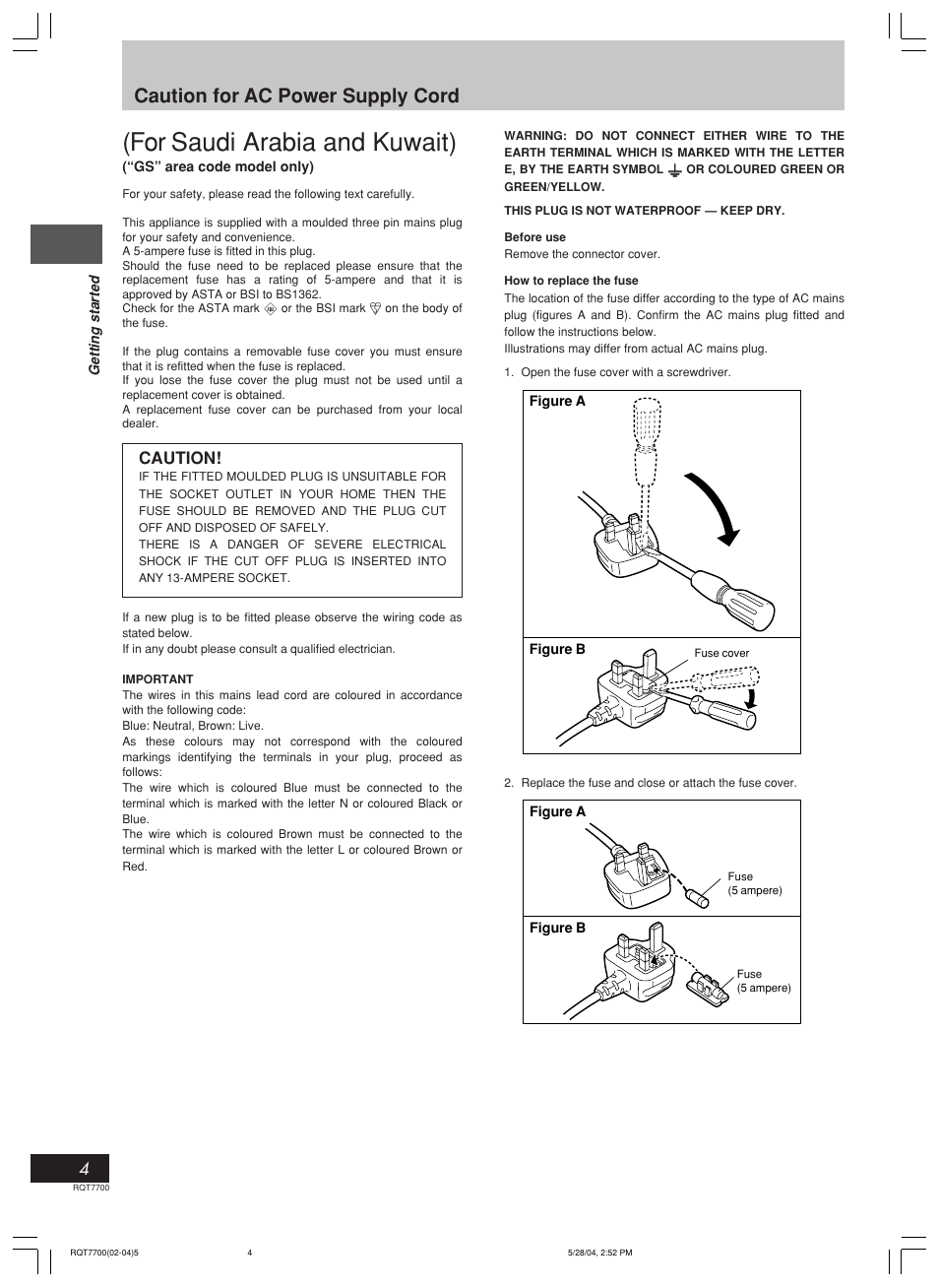 For saudi arabia and kuwait), Caution for ac power supply cord, Caution | Panasonic SC-VK71D User Manual | Page 4 / 40