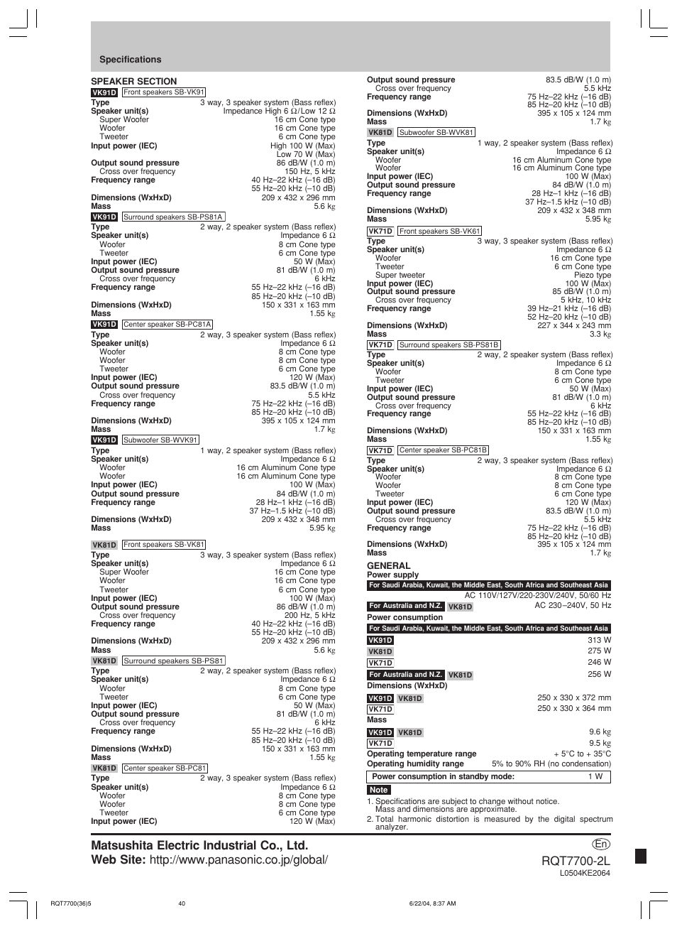 Panasonic SC-VK71D User Manual | Page 40 / 40