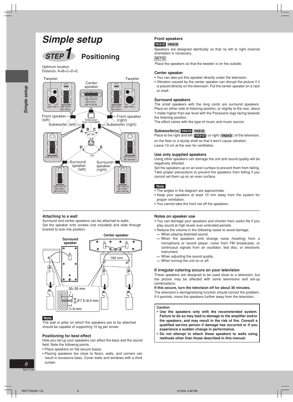 Simple setup, Step, Positioning | Panasonic SC-VK71D User Manual | Page 6 / 40
