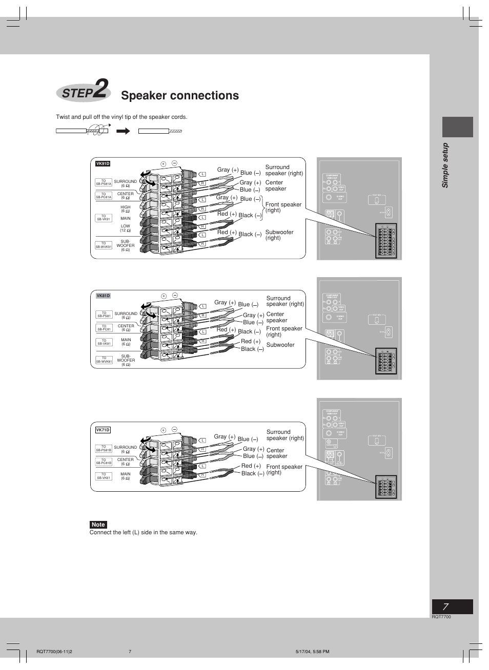 Step, Speaker connections, Simple setup | Gray (+) | Panasonic SC-VK71D User Manual | Page 7 / 40