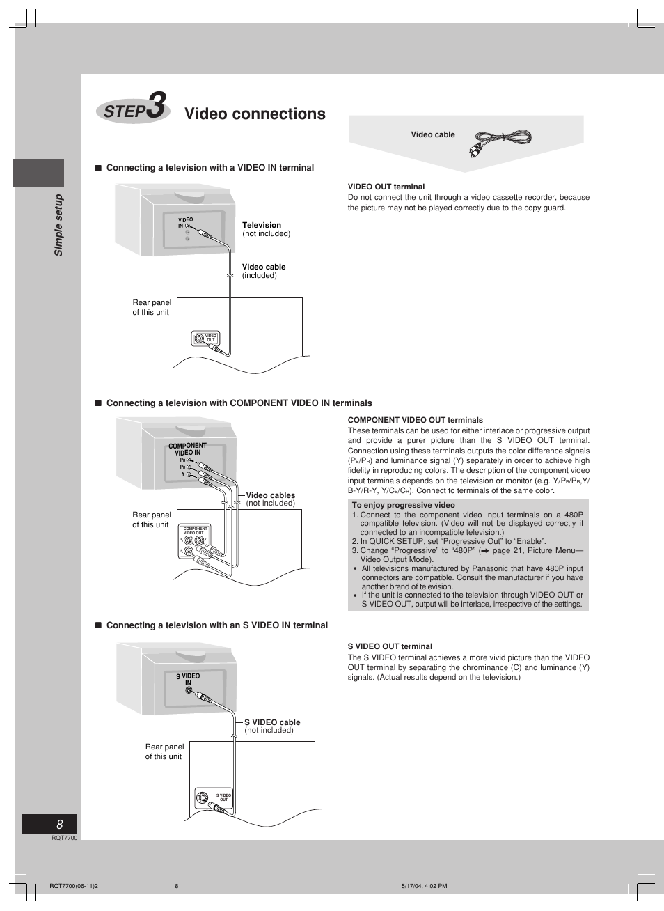 Step, Video connections, Simple setup | Panasonic SC-VK71D User Manual | Page 8 / 40