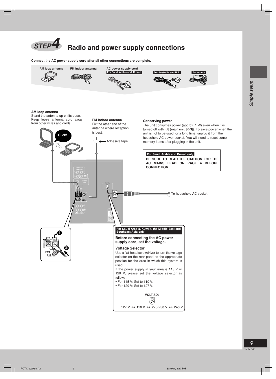 Step, Radio and power supply connections, Simple setup | Panasonic SC-VK71D User Manual | Page 9 / 40