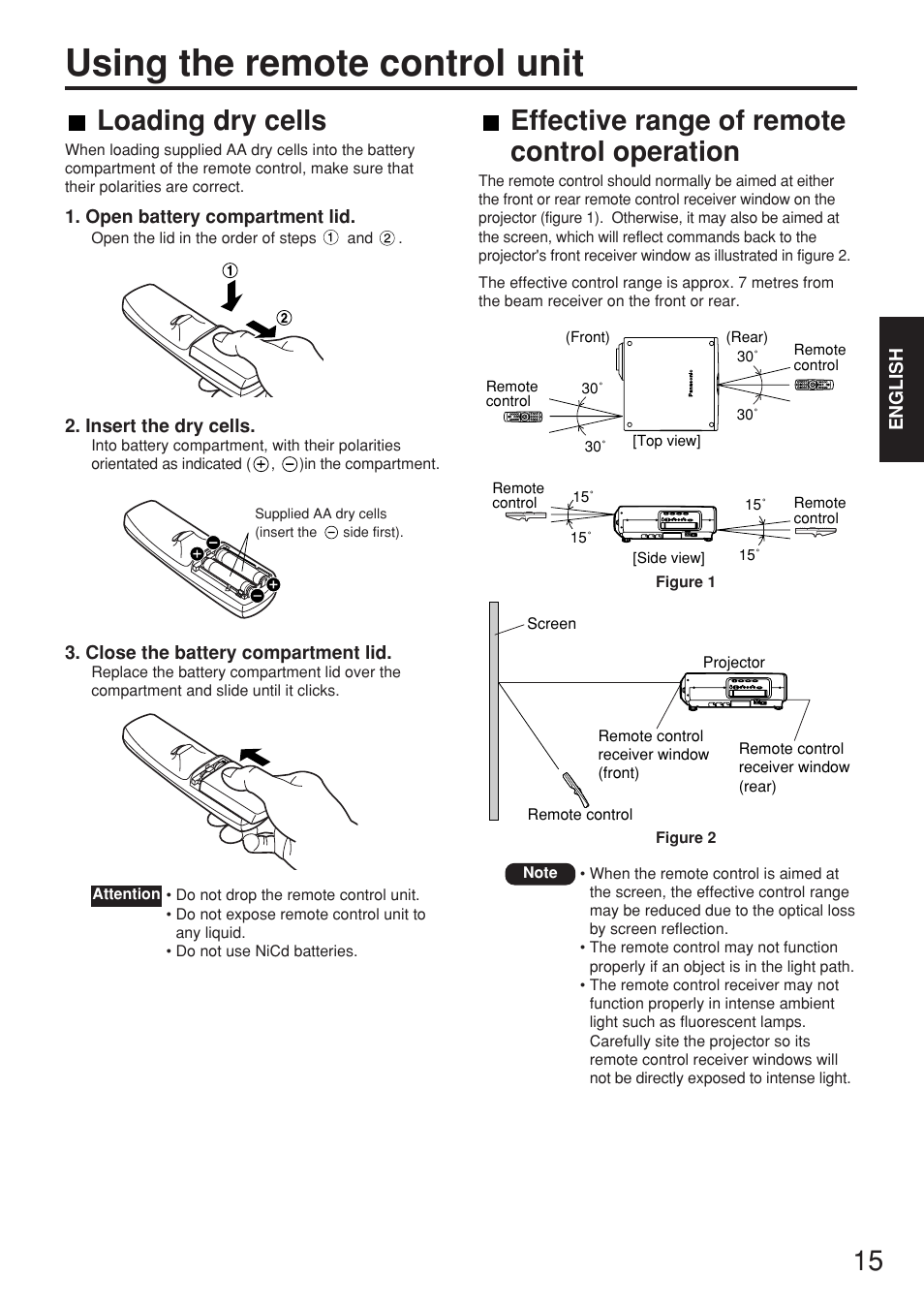 Using the remote control unit, 15 loading dry cells, Effective range of remote control operation | Panasonic PT-D7700E User Manual | Page 15 / 106