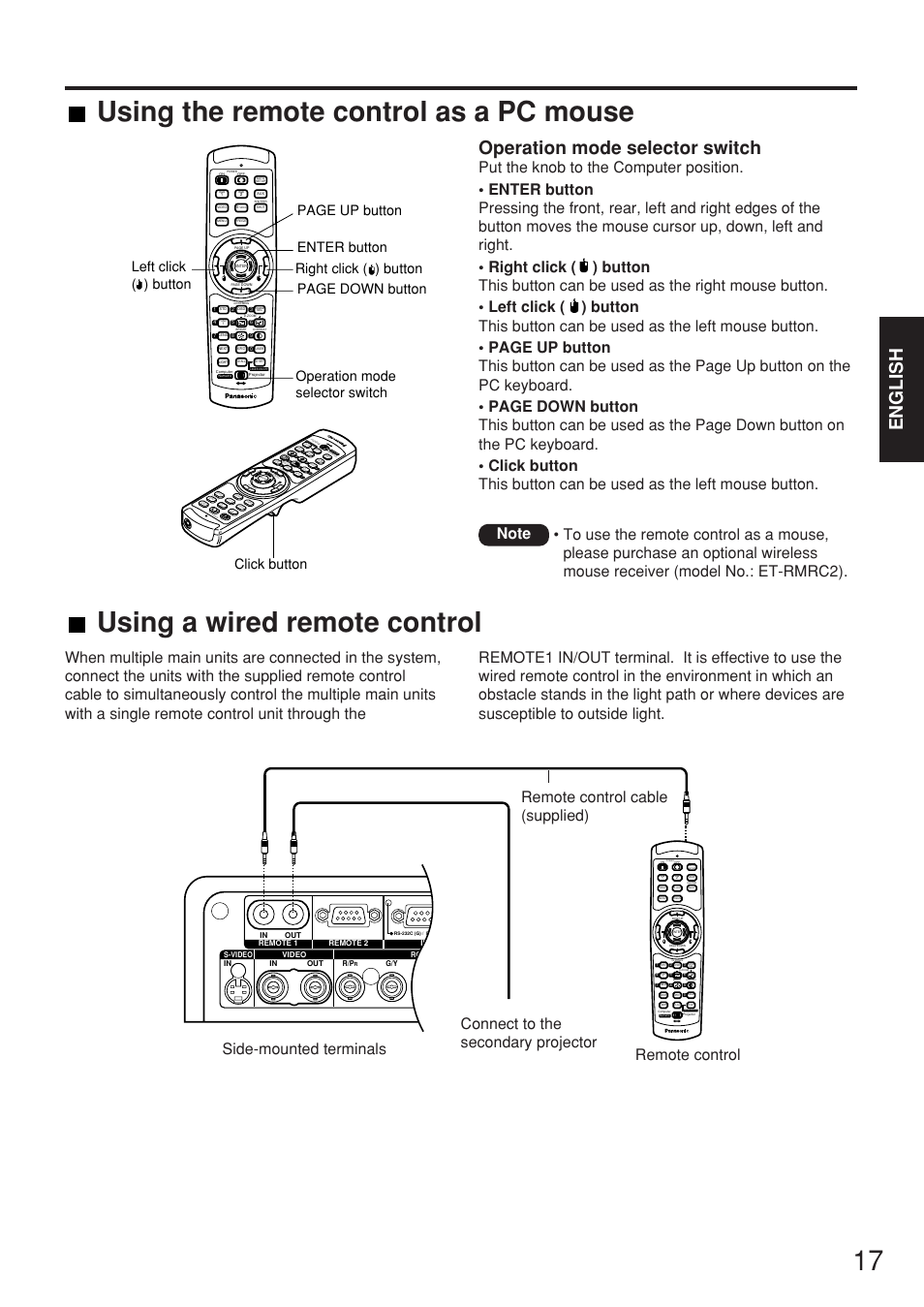 Using the remote control as a pc mouse, Using a wired remote control, English | Operation mode selector switch, La ser on/o ff, Po w er, Rg b, Vid eo, Sh ut te r au to setu p, Br ig ht co nt ra st on s cr ee n sy st em | Panasonic PT-D7700E User Manual | Page 17 / 106