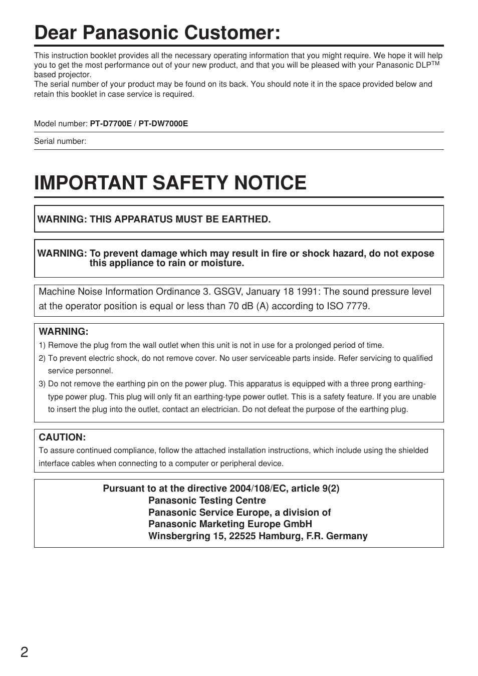Dear panasonic customer, Important safety notice | Panasonic PT-D7700E User Manual | Page 2 / 106