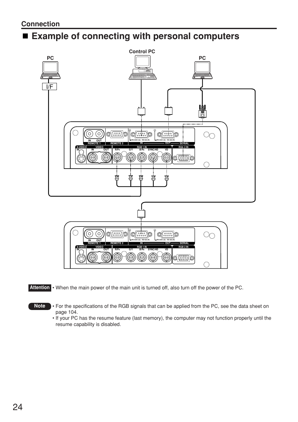 Example of connecting with personal computers, Connection | Panasonic PT-D7700E User Manual | Page 24 / 106