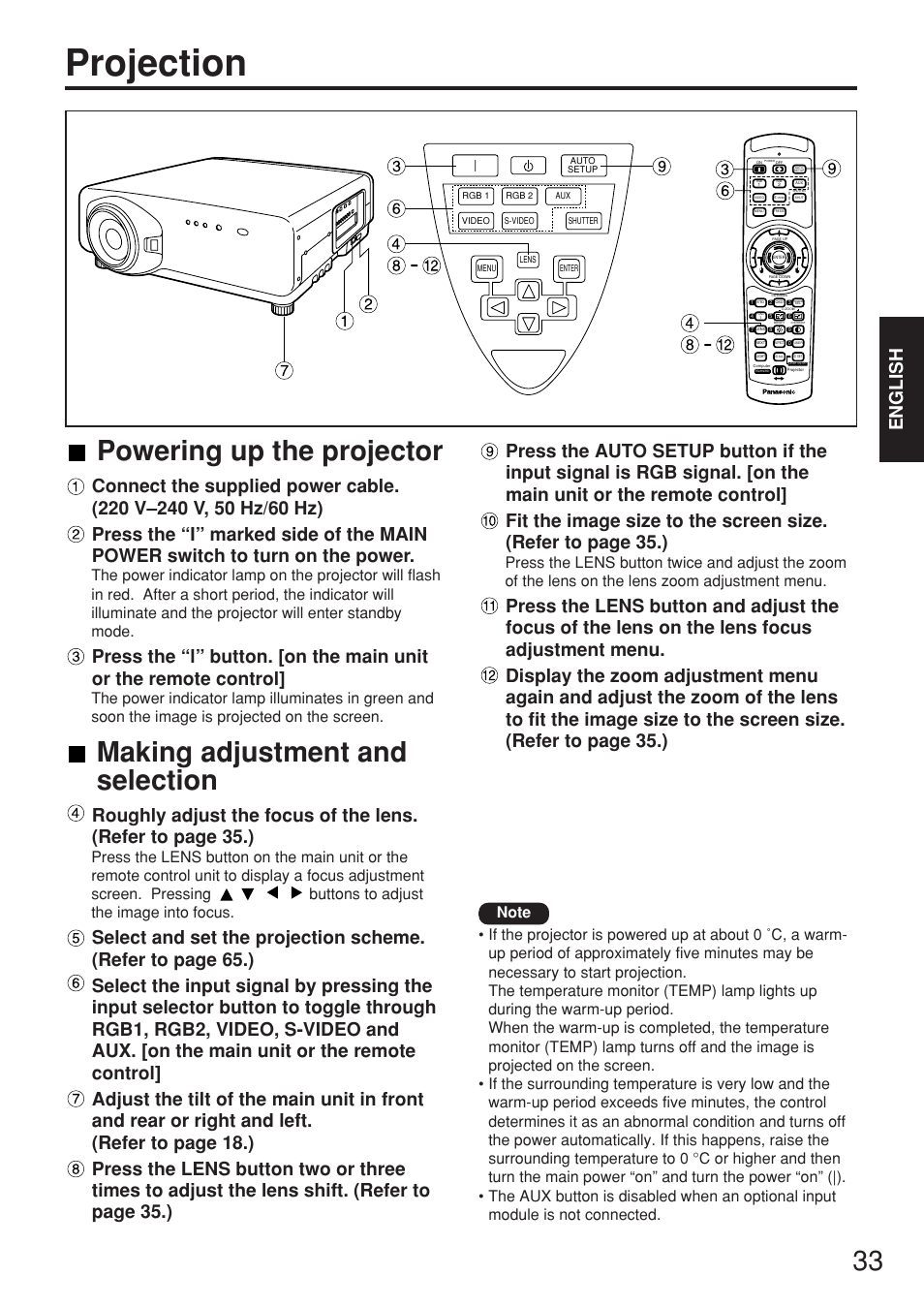 Projection, 33 powering up the projector, Making adjustment and selection | English | Panasonic PT-D7700E User Manual | Page 33 / 106