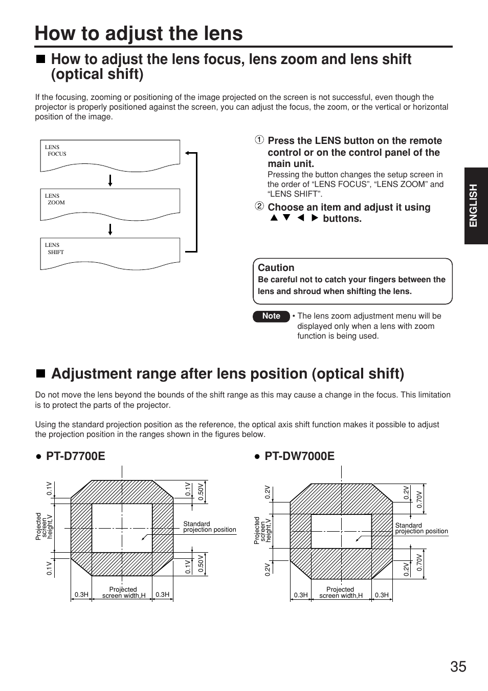 How to adjust the lens, Pt-d7700e, Pt-dw7000e | English, Choose an item and adjust it using buttons, Caution | Panasonic PT-D7700E User Manual | Page 35 / 106