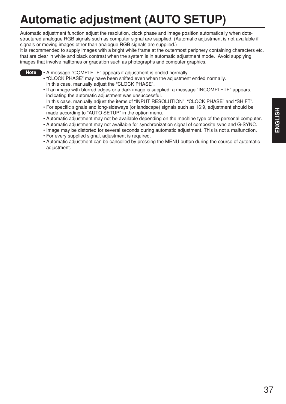 Automatic adjustment (auto setup) | Panasonic PT-D7700E User Manual | Page 37 / 106