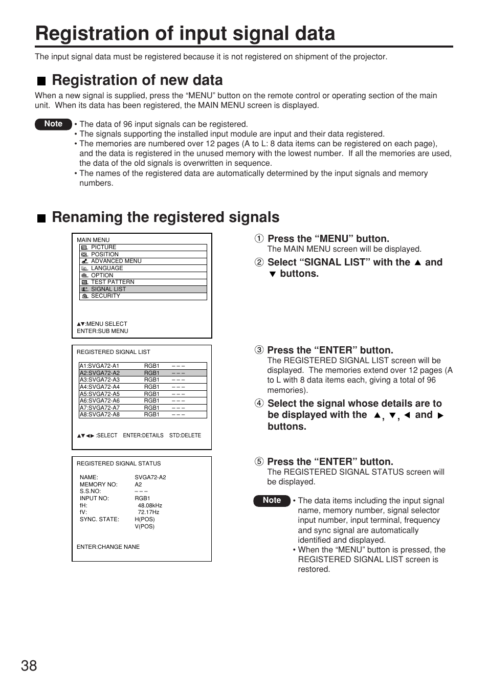 Registration of input signal data, Press the “menu” button, Select “signal list” with the and buttons | Press the “enter” button | Panasonic PT-D7700E User Manual | Page 38 / 106