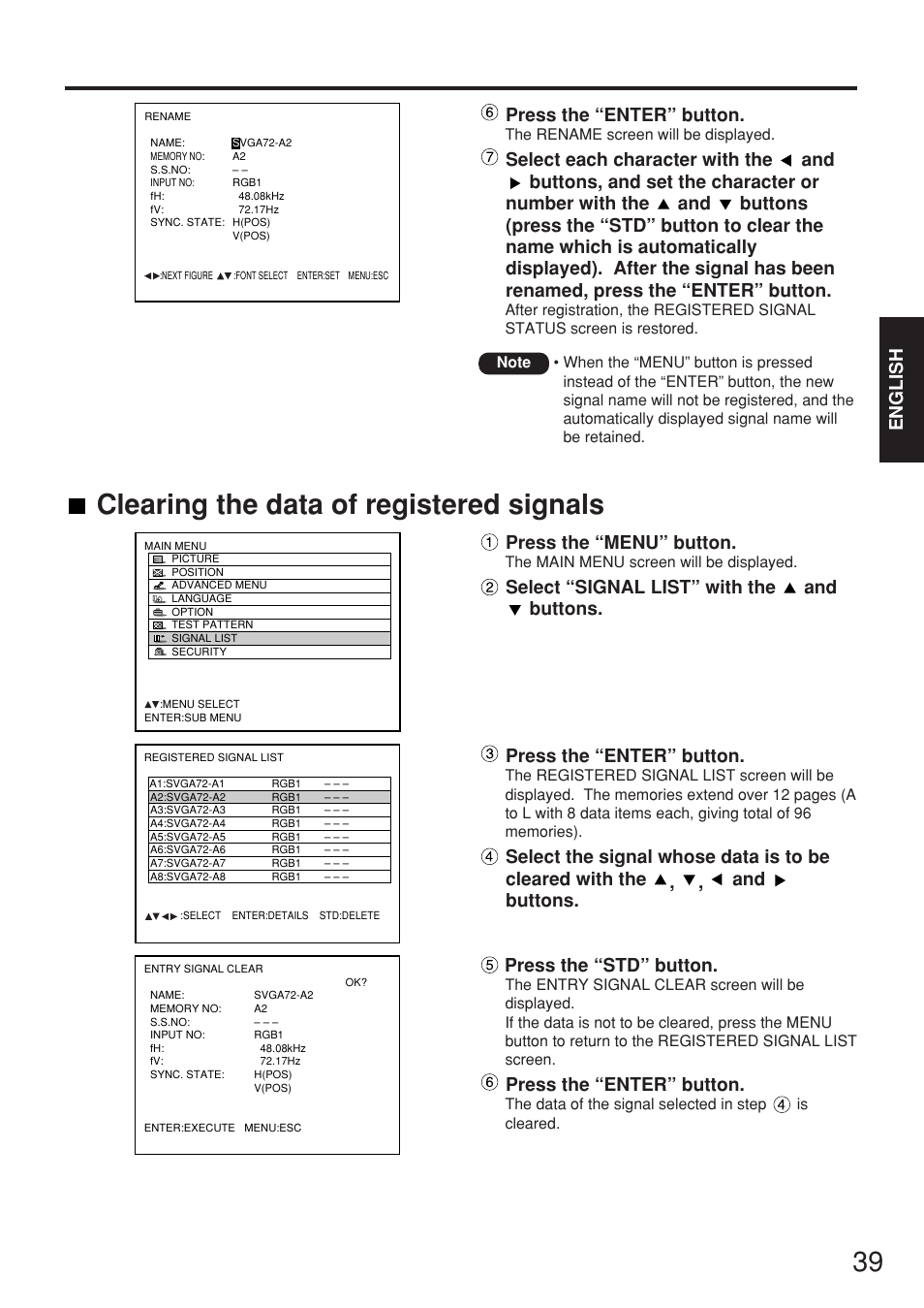 Clearing the data of registered signals, English, Press the “menu” button | Press the “std” button, Press the “enter” button | Panasonic PT-D7700E User Manual | Page 39 / 106