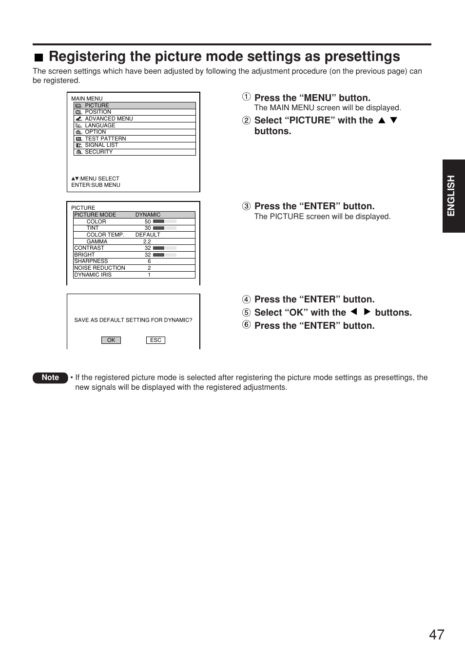 English, Press the “menu” button | Panasonic PT-D7700E User Manual | Page 47 / 106