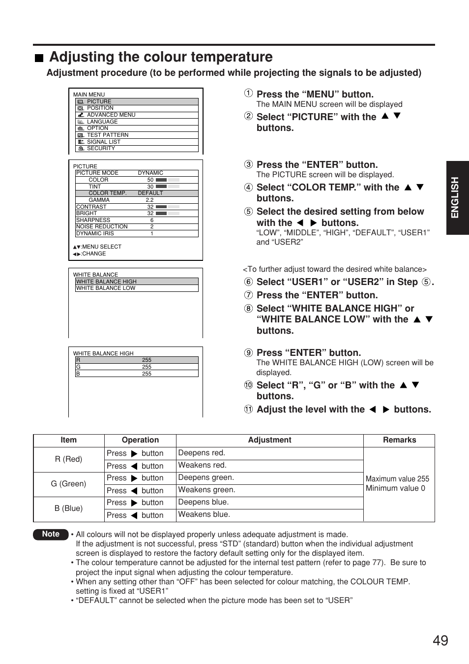 Adjusting the colour temperature, English, Press the “menu” button | Select “picture” with the buttons, Press the “enter” button, Press “enter” button | Panasonic PT-D7700E User Manual | Page 49 / 106