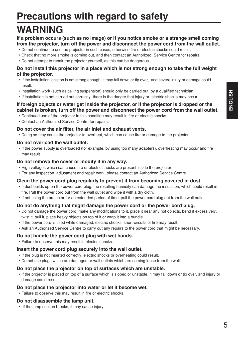 Precautions with regard to safety warning | Panasonic PT-D7700E User Manual | Page 5 / 106
