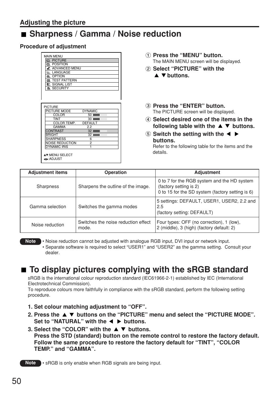 Sharpness / gamma / noise reduction, Adjusting the picture, Press the “menu” button | Procedure of adjustment | Panasonic PT-D7700E User Manual | Page 50 / 106