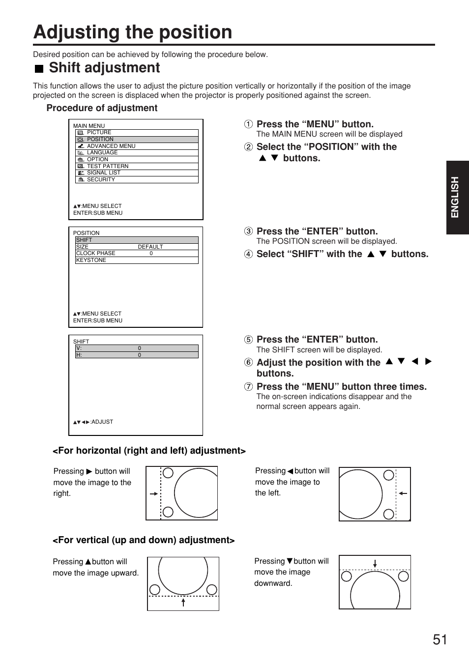 Adjusting the position, Shift adjustment | Panasonic PT-D7700E User Manual | Page 51 / 106