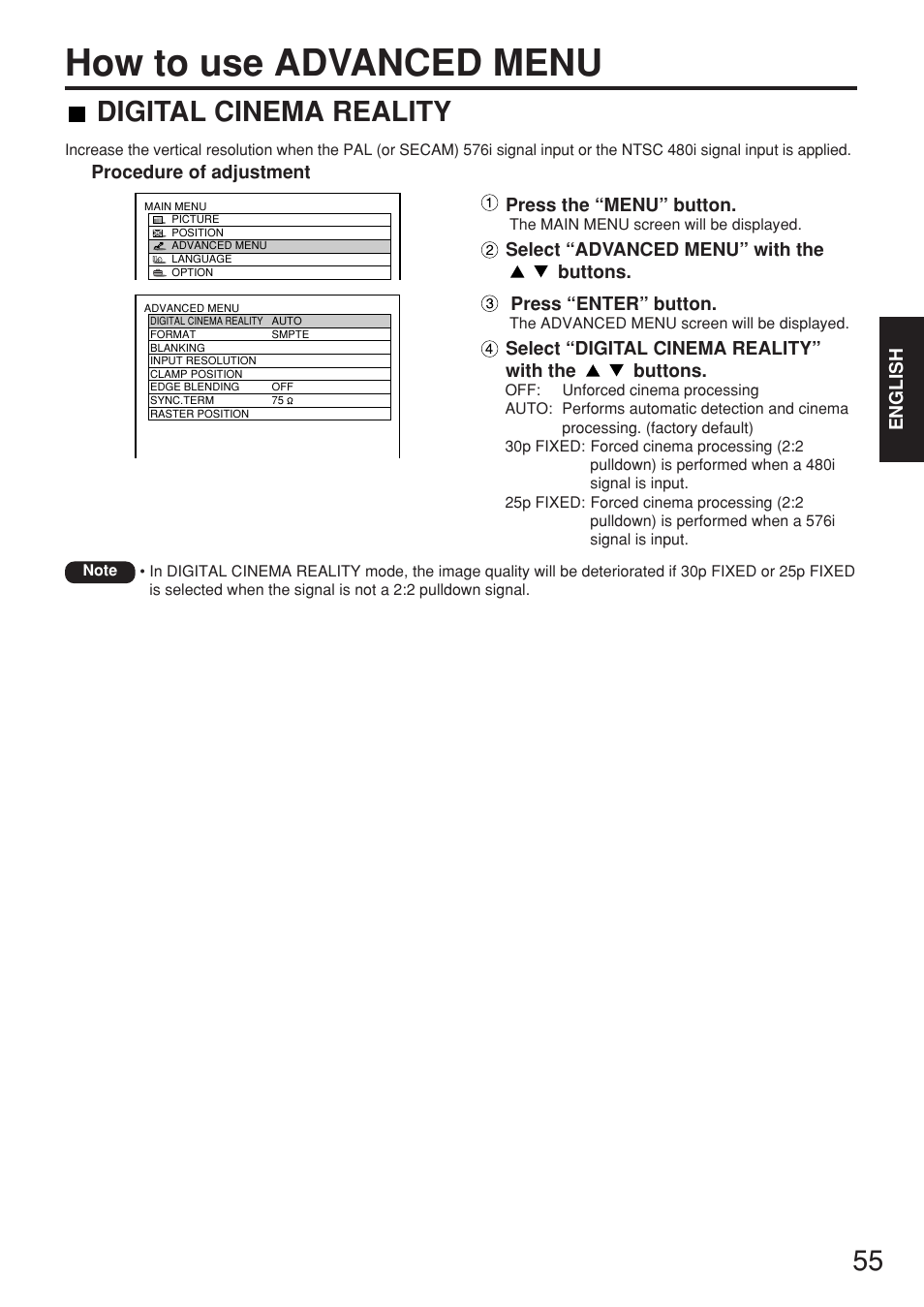 How to use advanced menu, Digital cinema reality | Panasonic PT-D7700E User Manual | Page 55 / 106