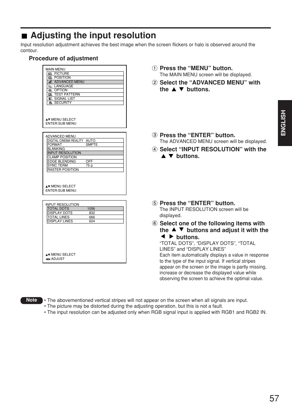 Adjusting the input resolution, English, Press the “enter” button | Procedure of adjustment press the “menu” button, Select “input resolution” with the buttons | Panasonic PT-D7700E User Manual | Page 57 / 106