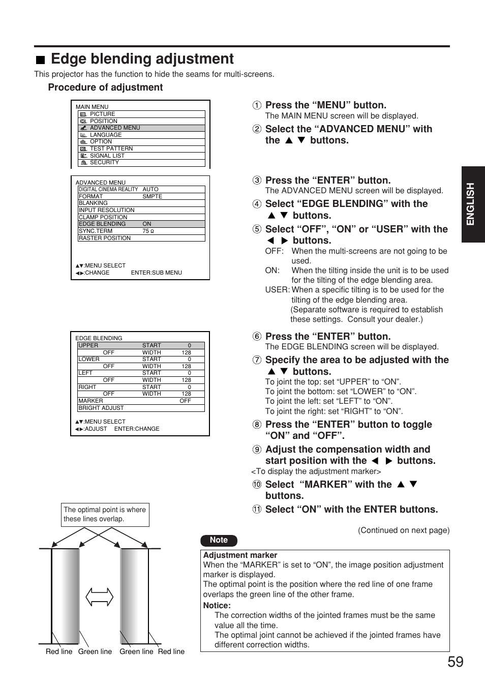 Edge blending adjustment, English, Press the “enter” button | Specify the area to be adjusted with the buttons, Procedure of adjustment, Press the “menu” button | Panasonic PT-D7700E User Manual | Page 59 / 106