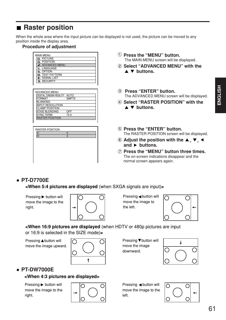 Raster position, Pt-d7700e, Pt-dw7000e | Panasonic PT-D7700E User Manual | Page 61 / 106