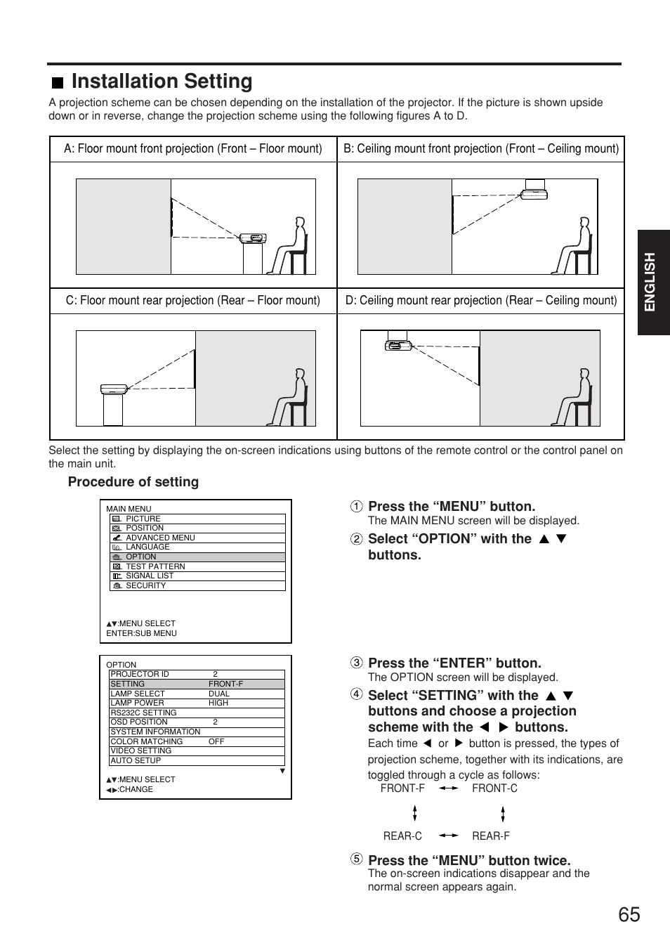 Installation setting, English, Procedure of setting | Press the “menu” button, Press the “menu” button twice | Panasonic PT-D7700E User Manual | Page 65 / 106