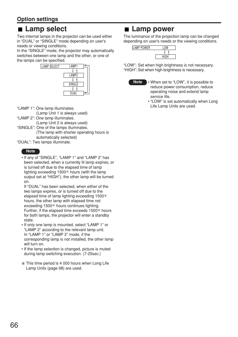 Lamp select, Lamp power, Option settings | Panasonic PT-D7700E User Manual | Page 66 / 106