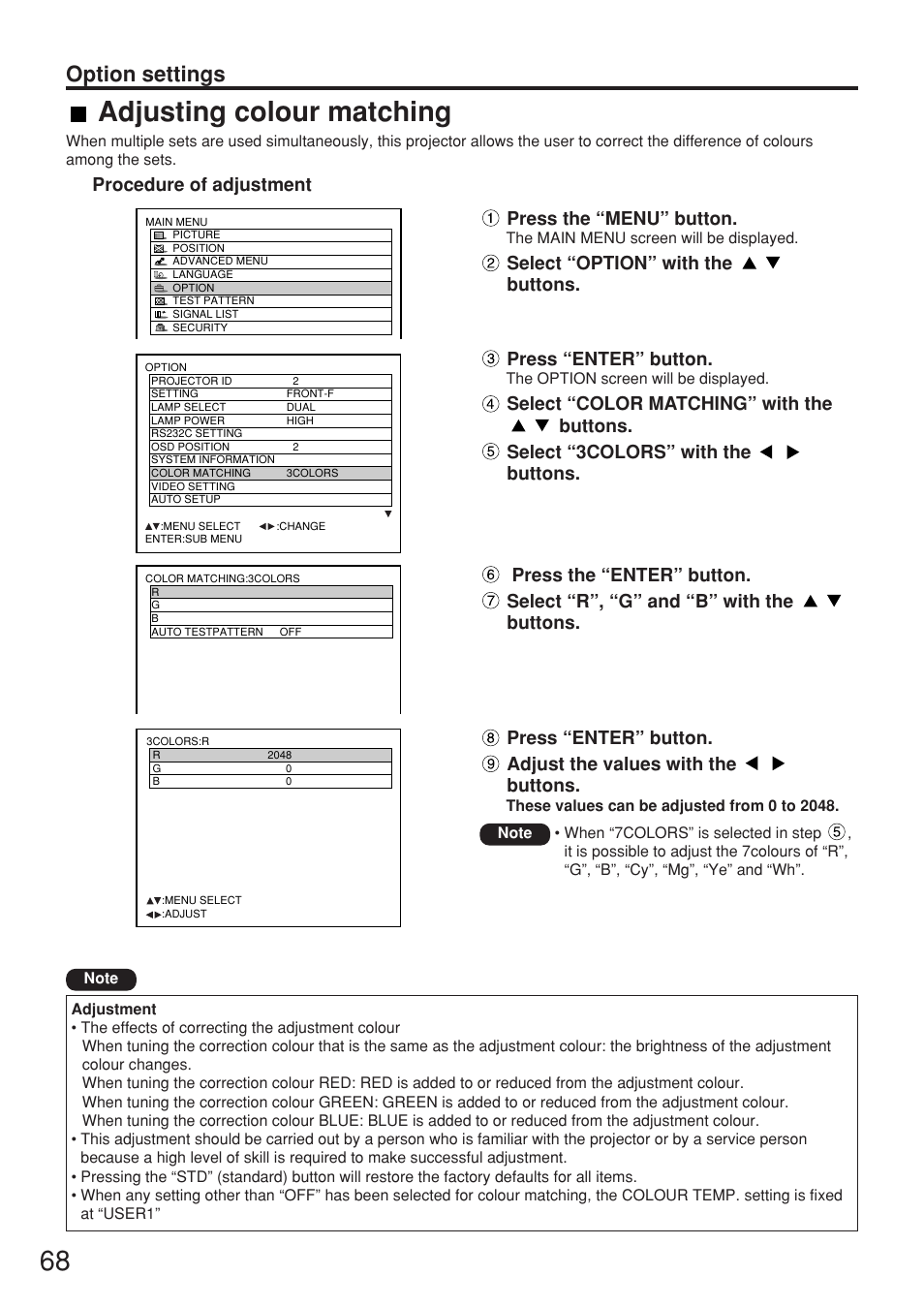 Adjusting colour matching, Option settings, Procedure of adjustment | Press the “menu” button, Select “option” with the buttons, Press “enter” button | Panasonic PT-D7700E User Manual | Page 68 / 106