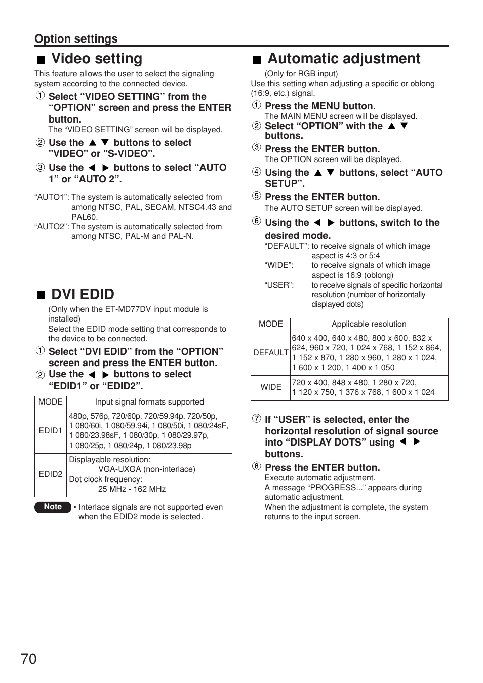 70 automatic adjustment, Video setting, Dvi edid | Option settings | Panasonic PT-D7700E User Manual | Page 70 / 106