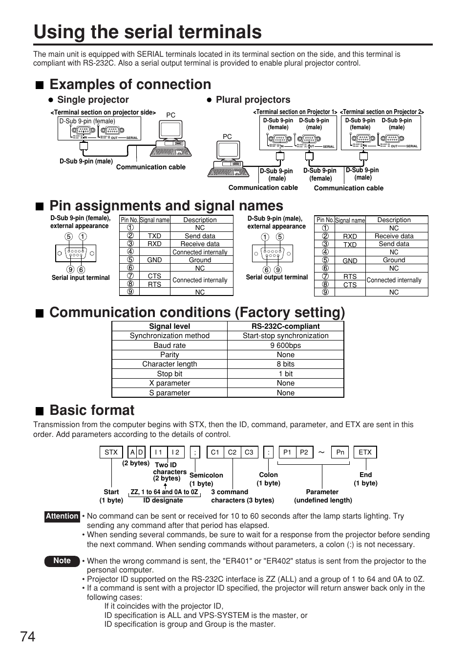 Using the serial terminals, 74 pin assignments and signal names, Examples of connection | Single projector plural projectors | Panasonic PT-D7700E User Manual | Page 74 / 106