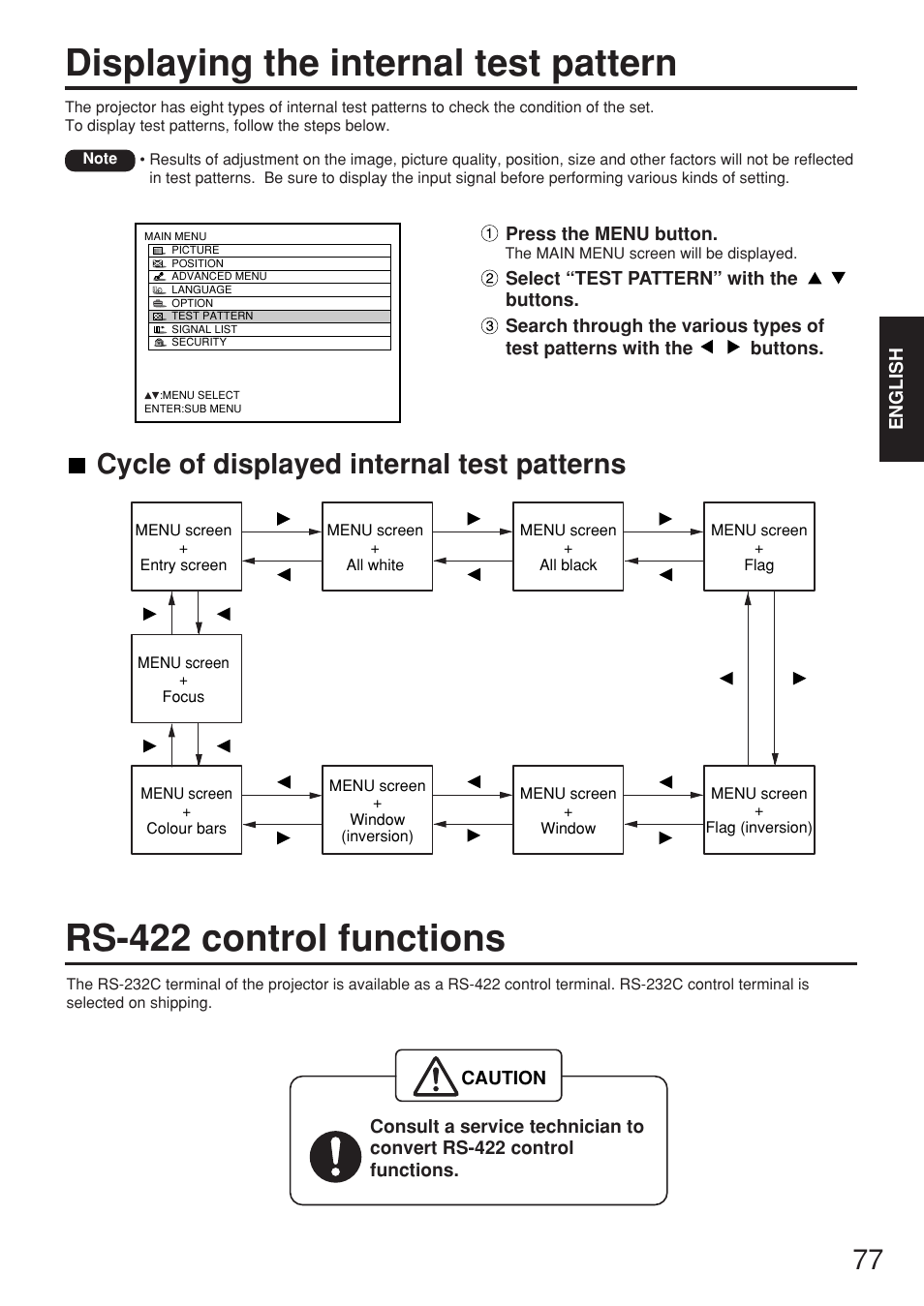 Displaying the internal test pattern, Rs-422 control functions, Cycle of displayed internal test patterns | Panasonic PT-D7700E User Manual | Page 77 / 106